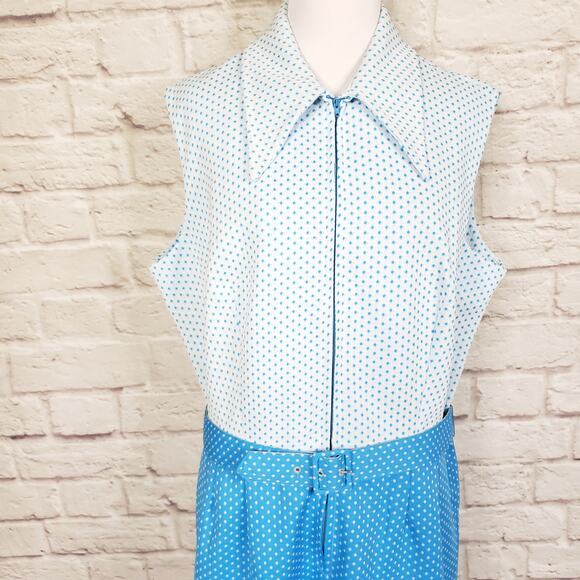Vintage 1970s Volup Sheath Dress Blue White Dot Pointed Collar Belted Sz 20 - Picture 4 of 12